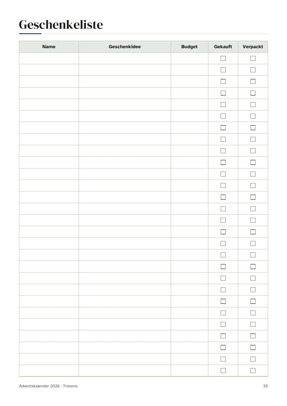 Geschenkliste: Name, Geschenkidee, Budget, gekauft, eingepackt: Seite 35 aus Adventskalender zum Ausdrucken 2026: 24 Sudoku bis Heiligabend und Dezember-Plan