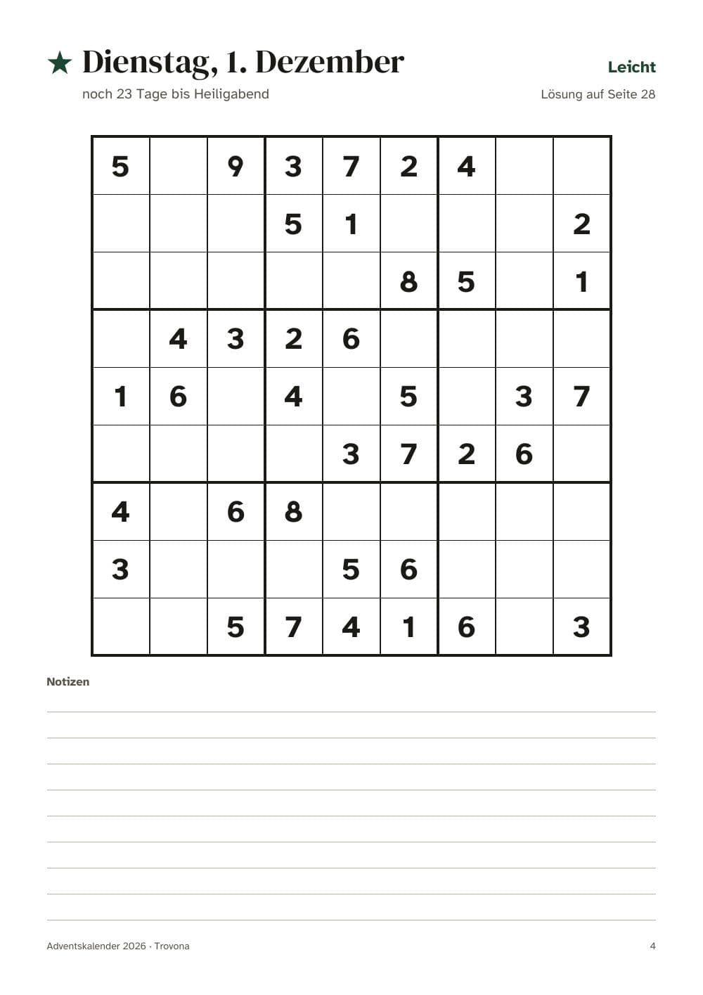 1. Dezember: ein leichtes Sudoku: Seite 4 aus Adventskalender zum Ausdrucken 2026: 24 Sudoku bis Heiligabend und Dezember-Plan