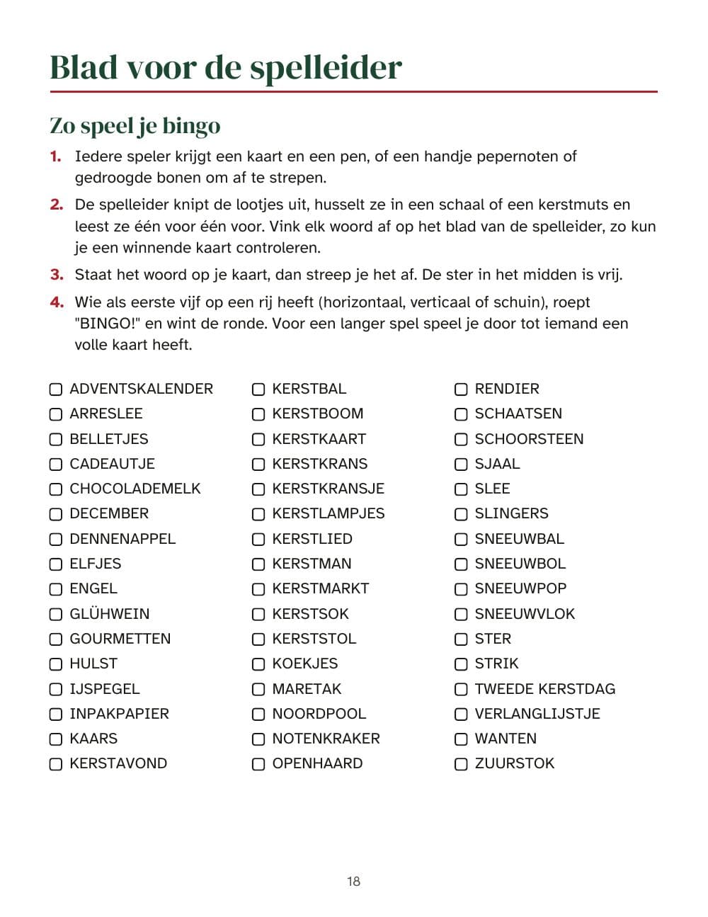 Het blad voor de spelleider: de spelregels en de woorden om af te vinken: pagina 18 van Kerstspellen voor tieners en volwassenen: bingo met 30 kaarten, quiz, hints en meer