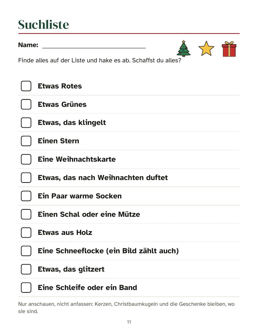 Suchliste: 12 Dinge zum Suchen und Abhaken: Seite 11 aus Weihnachtliche Schnitzeljagd für Kinder: Hinweise in Reimen bis zu den Geschenken, zwei Wege im Haus