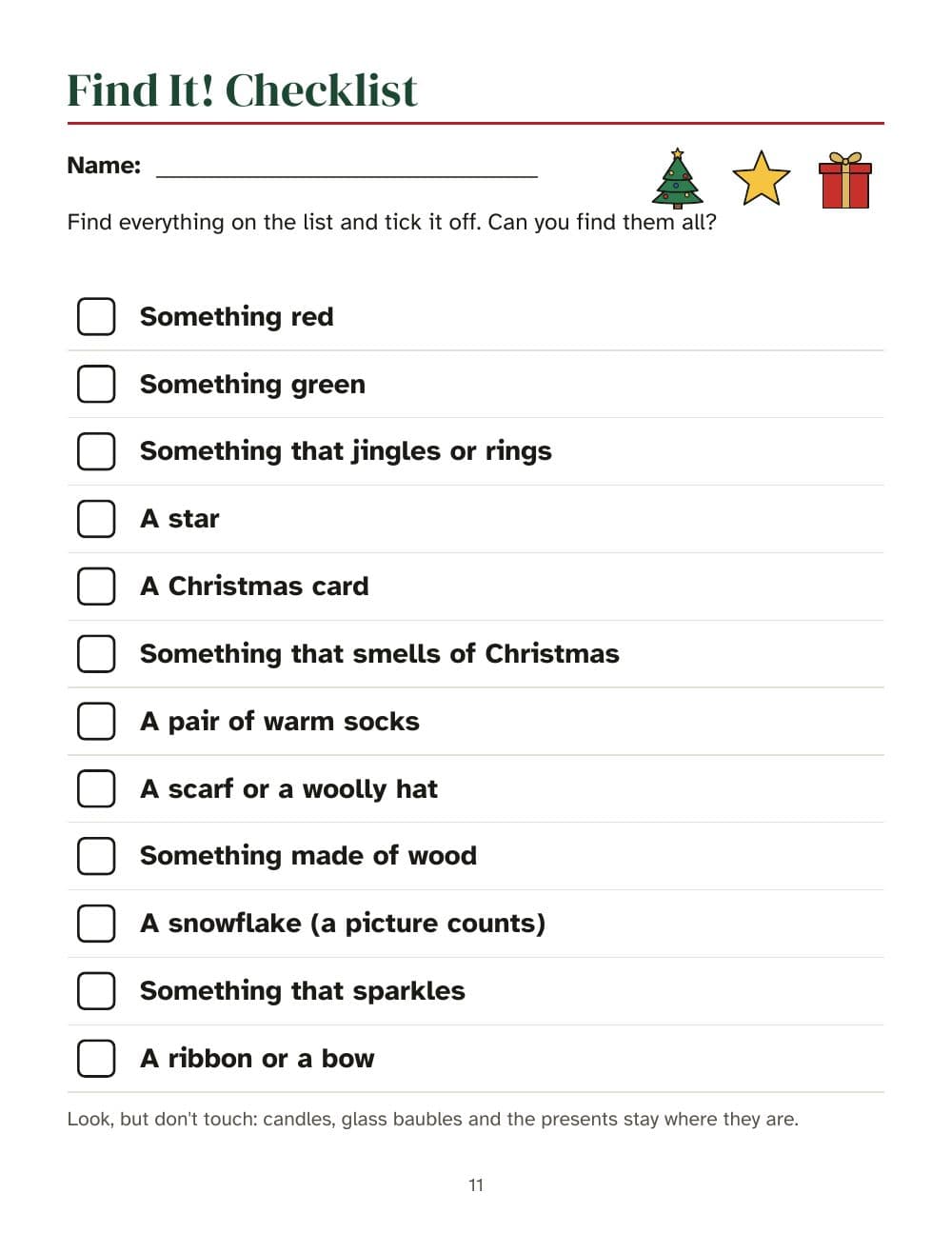 Find It! checklist: 12 things to find and tick off: page 11 of Christmas scavenger hunt for kids: rhyming clues that lead to the presents, two indoor routes