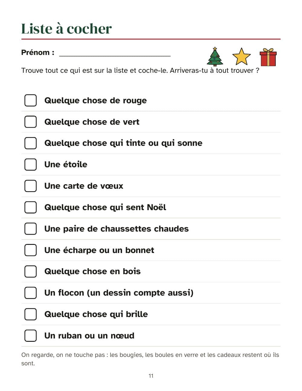 Liste à cocher : 12 choses à trouver : page 11 de Chasse au trésor de Noël pour enfants : indices en rimes jusqu'aux cadeaux, deux parcours à la maison