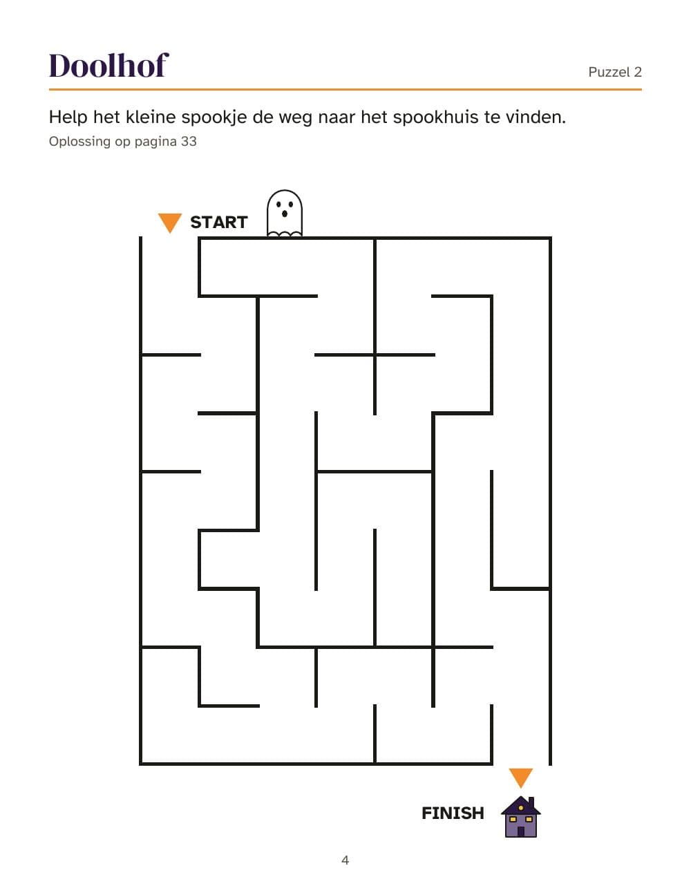 Labyrinth: das kleine Gespenst sucht das Spukhaus (Rätsel 2): Seite 4 aus Halloween-Rätselheft für Kinder von 6 bis 9 Jahren: 25 Aufgaben und ein Bilder-Bingo (auf Niederländisch)
