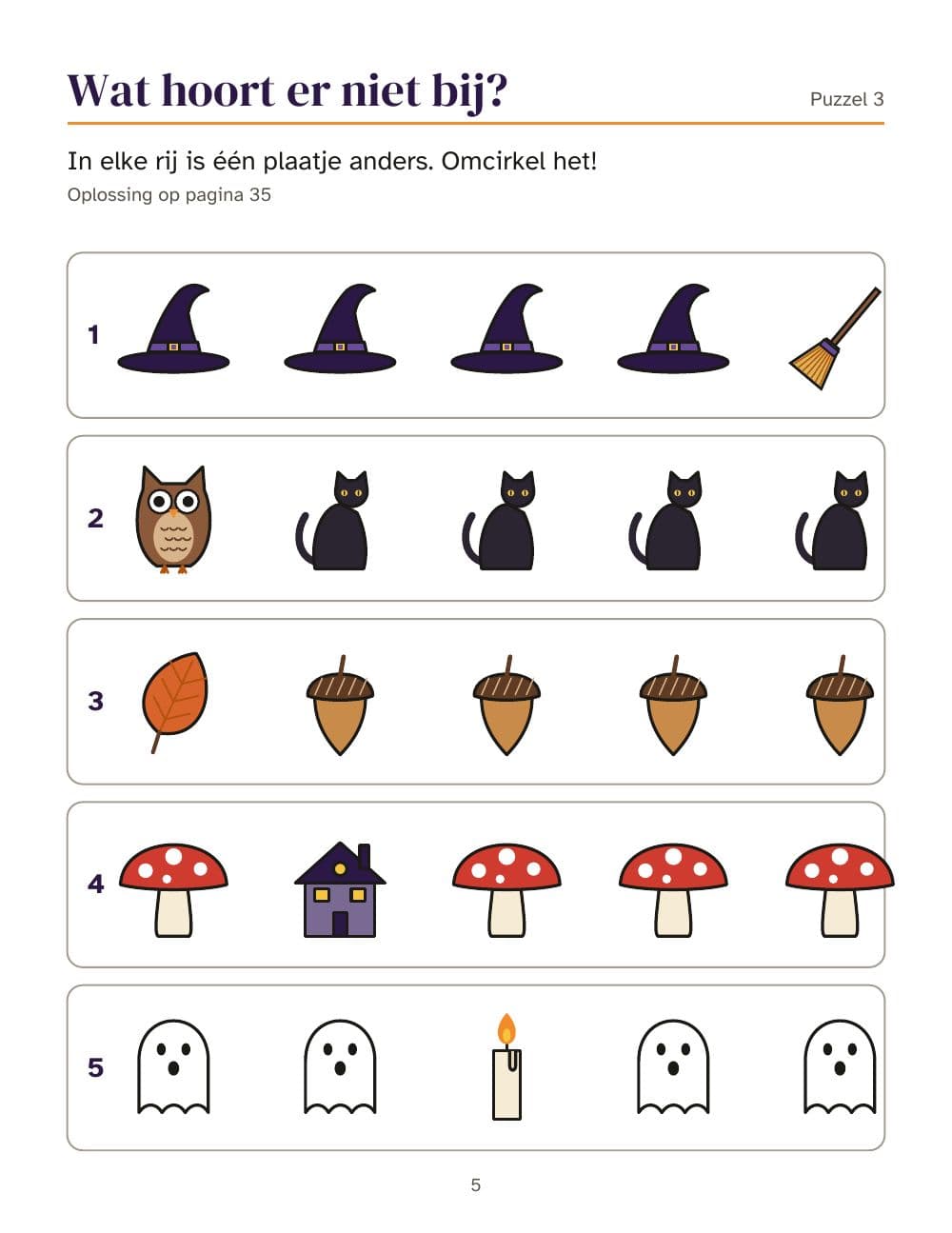 Was passt nicht? In jeder Reihe ist ein Bild anders (Rätsel 3): Seite 5 aus Halloween-Rätselheft für Kinder von 6 bis 9 Jahren: 25 Aufgaben und ein Bilder-Bingo (auf Niederländisch)