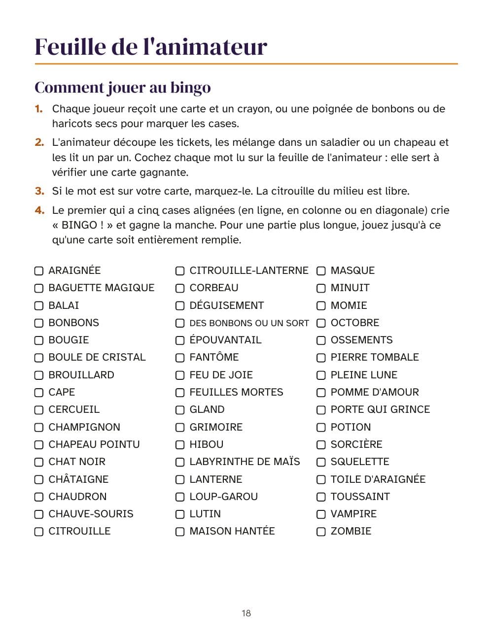 Het blad voor de spelleider: de spelregels en de woorden om af te vinken: pagina 18 van Halloween-feestspellen voor tieners en volwassenen: bingo met 30 kaarten, quiz, hints en meer (in het Frans)