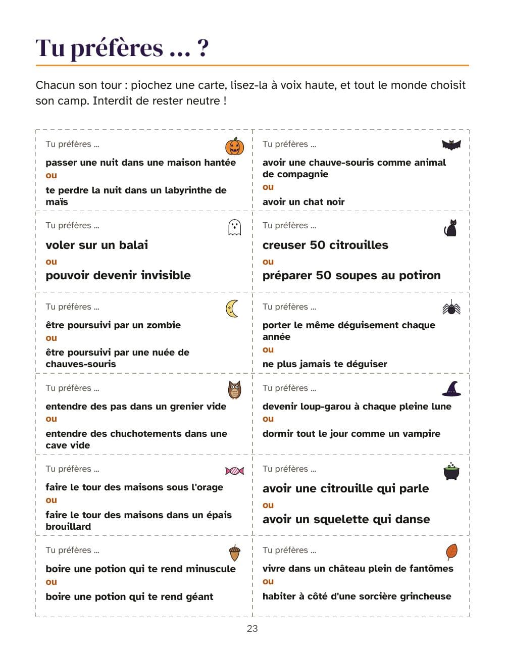 Zou je liever ...?: 12 kaartjes om uit te knippen: pagina 23 van Halloween-feestspellen voor tieners en volwassenen: bingo met 30 kaarten, quiz, hints en meer (in het Frans)