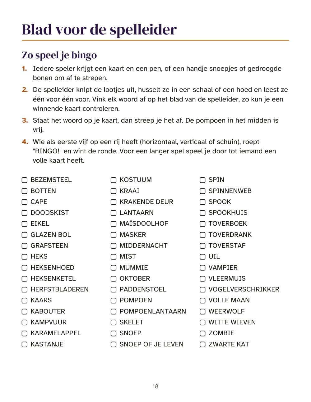 La feuille de l'animateur : la règle du jeu et les mots à cocher : page 18 de Jeux de soirée d'Halloween pour ados et adultes : bingo de 30 cartes, quiz, mime et d'autres jeux (en néerlandais)