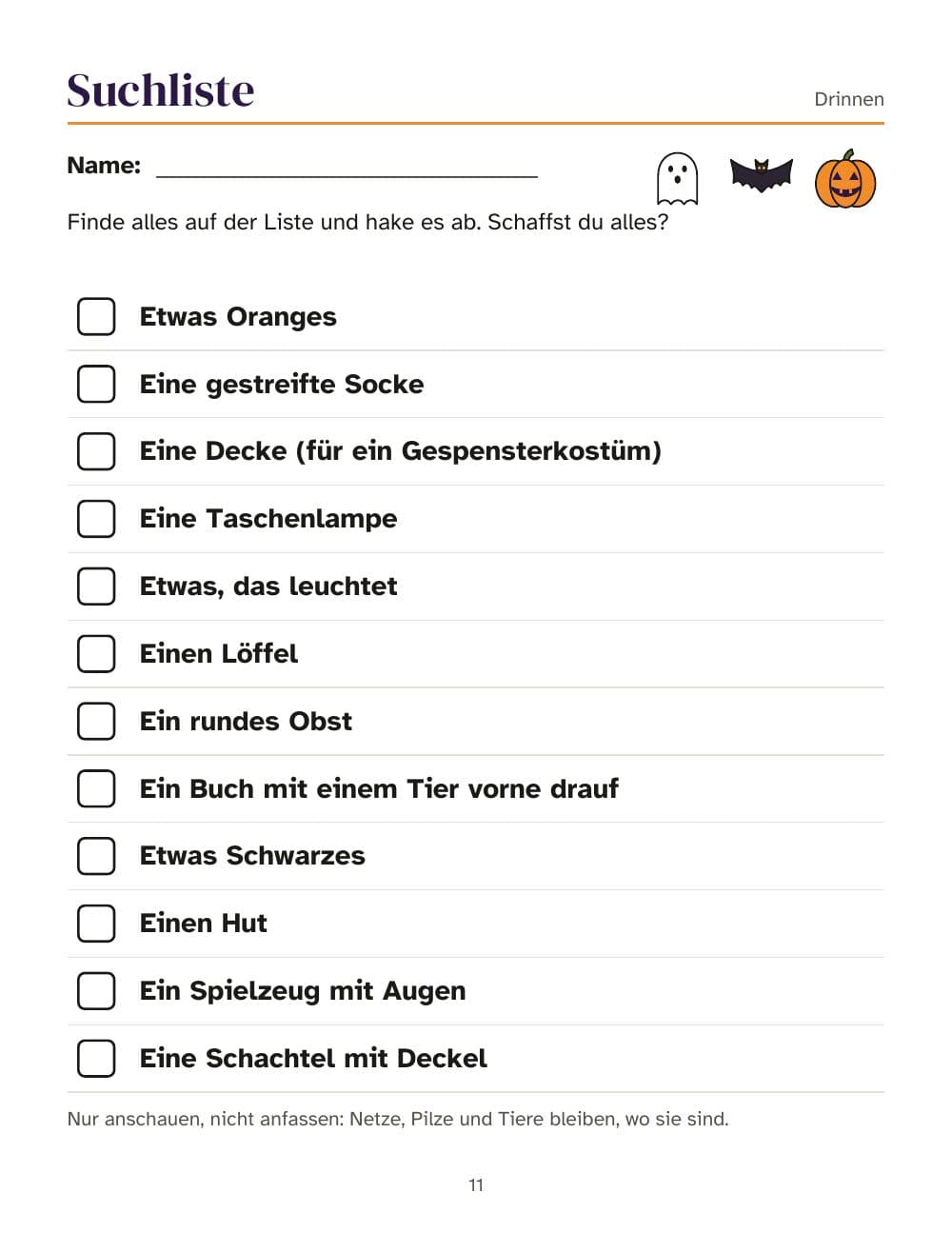 Suchliste für drinnen: Seite 11 aus Halloween-Schatzsuche für Kinder: Hinweise in Reimen für drinnen und draußen