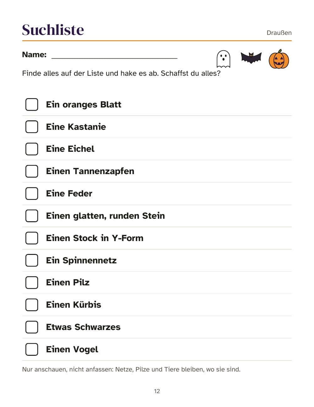 Suchliste für draußen: Seite 12 aus Halloween-Schatzsuche für Kinder: Hinweise in Reimen für drinnen und draußen