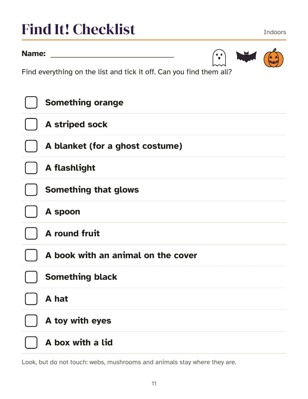 Zoeklijst voor binnen: pagina 11 van Halloween-speurtocht voor kinderen: aanwijzingen op rijm voor binnen en buiten (in het Engels)