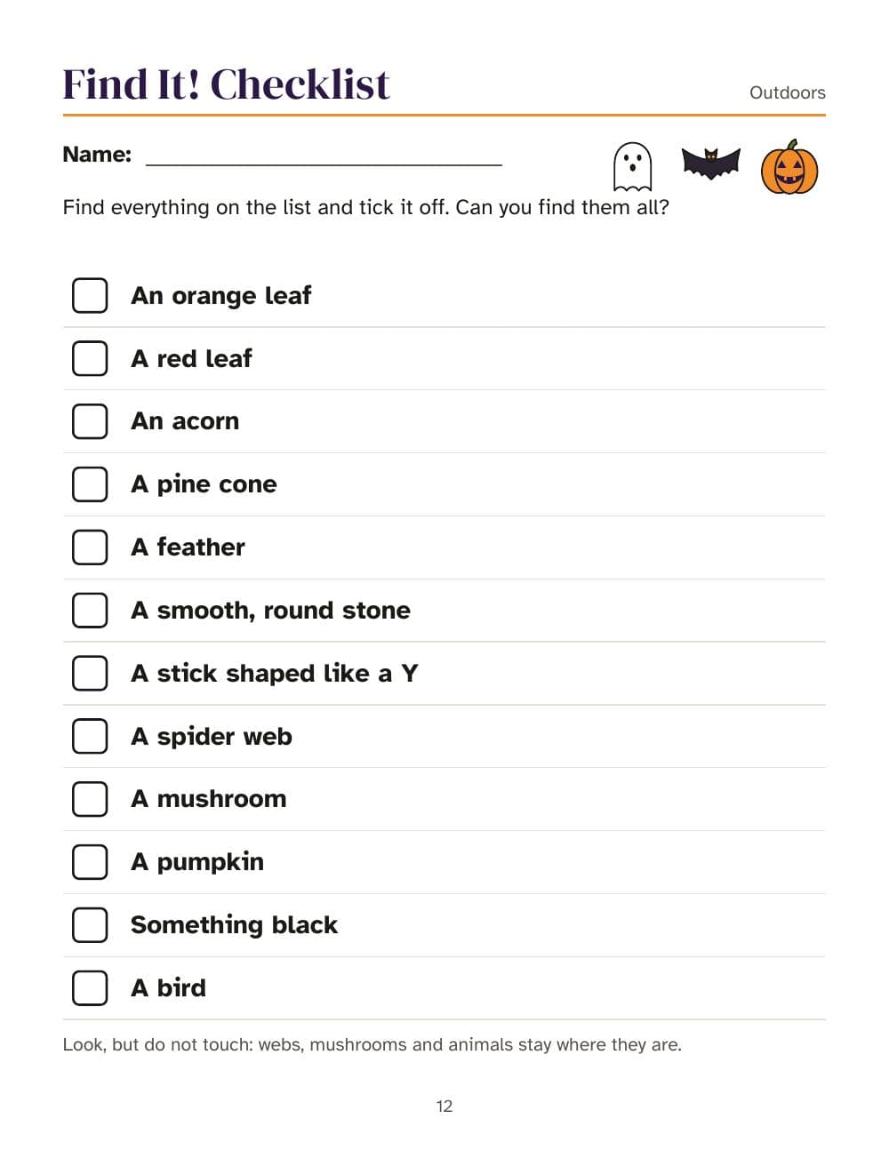 Zoeklijst voor buiten: pagina 12 van Halloween-speurtocht voor kinderen: aanwijzingen op rijm voor binnen en buiten (in het Engels)