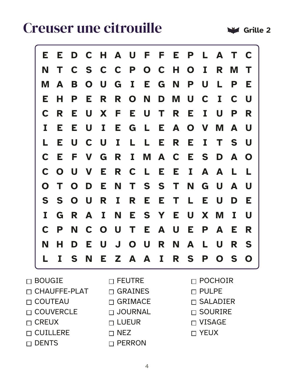 Puzzel 2: pompoen uithollen: pagina 4 van Woordzoekers Halloween en herfst in grote letters: 40 puzzels, 800 woorden (in het Frans)