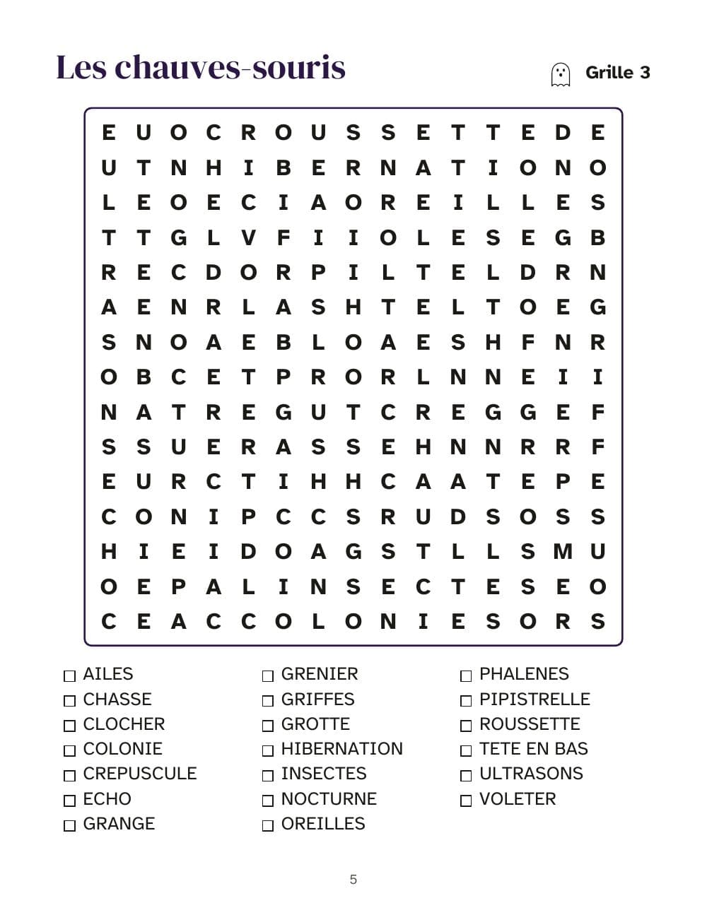 Puzzel 3: vleermuizen: pagina 5 van Woordzoekers Halloween en herfst in grote letters: 40 puzzels, 800 woorden (in het Frans)