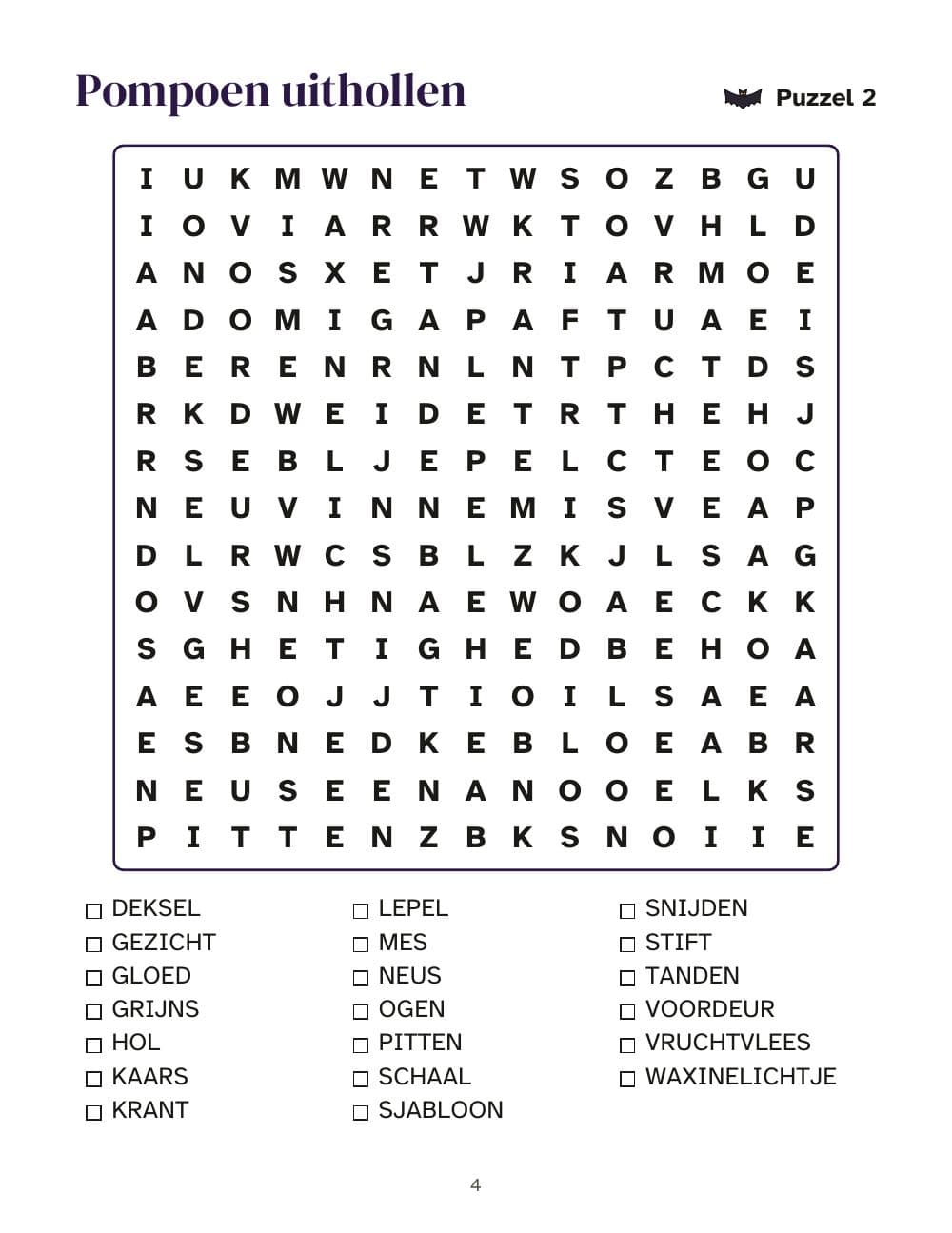 Puzzel 2: pompoen uithollen: pagina 4 van Woordzoekers Halloween en herfst in grote letters: 40 puzzels, 800 woorden