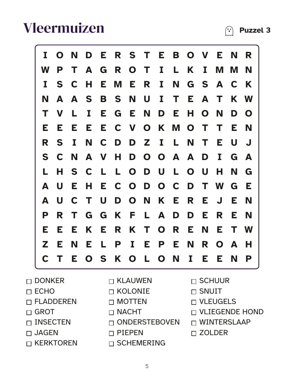 Puzzel 3: vleermuizen: pagina 5 van Woordzoekers Halloween en herfst in grote letters: 40 puzzels, 800 woorden