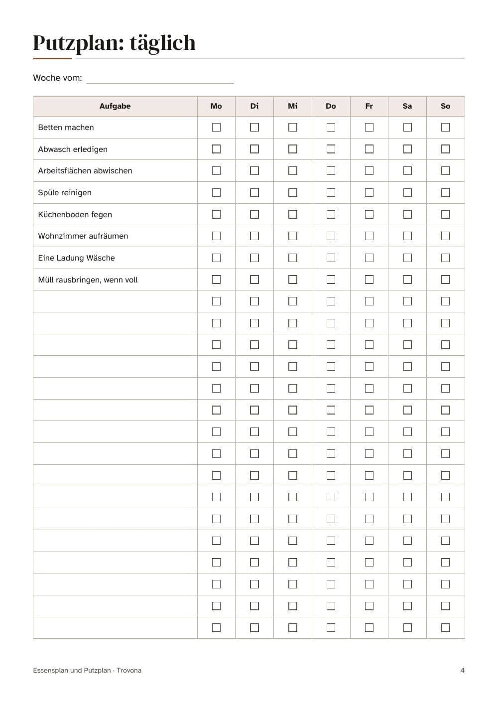 Täglich putzen: eine Checkliste mit den Aufgaben für jeden Tag einer Woche: Seite 4 aus Essensplan und Putzplan: Wochenmenü, Einkaufsliste und Rezeptkarten