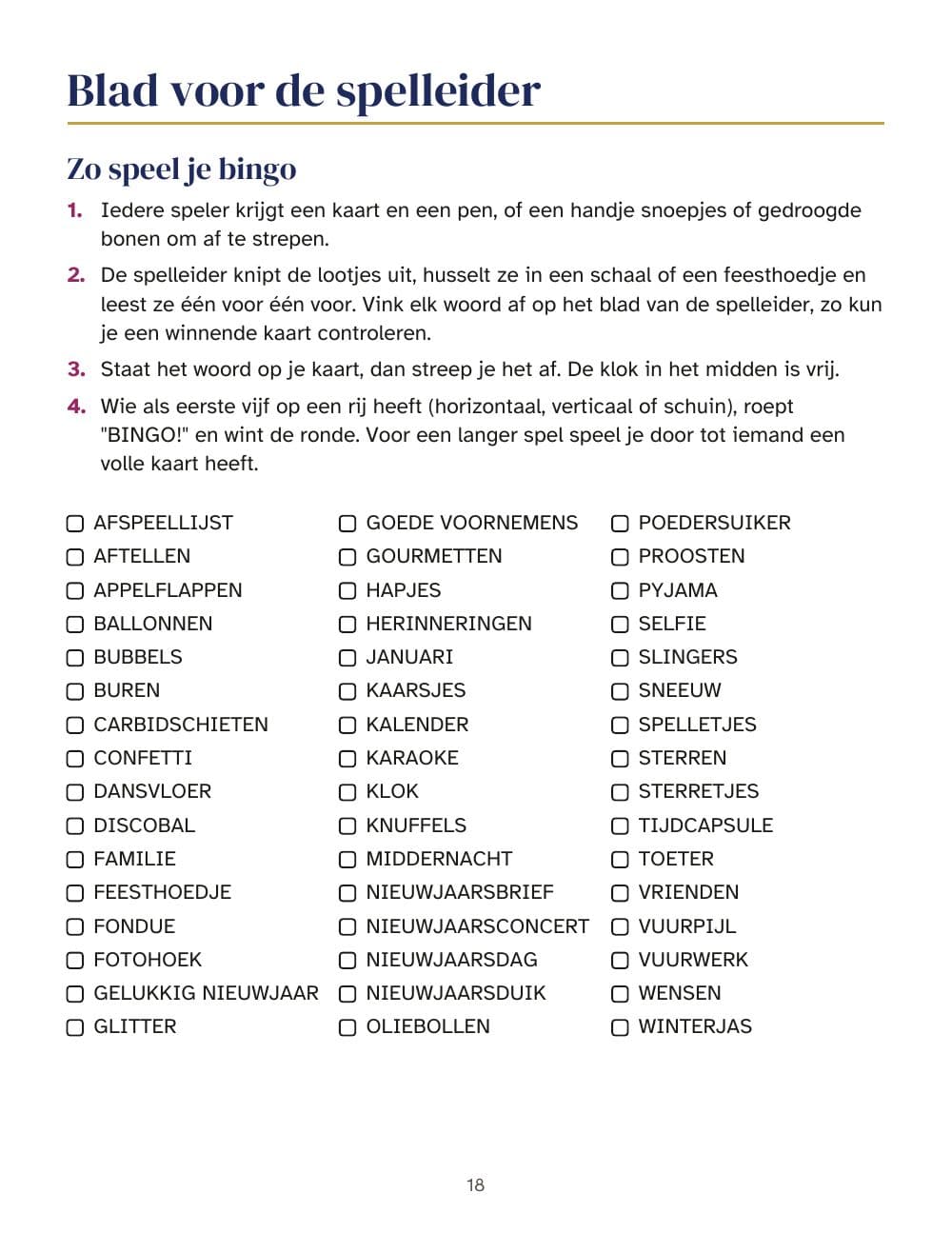 Het blad voor de spelleider: de spelregels en de woorden om af te vinken: pagina 18 van Oudejaarsspellen: bingo met 30 kaarten, quiz, goede voornemens voor 2027 en aftellen naar middernacht