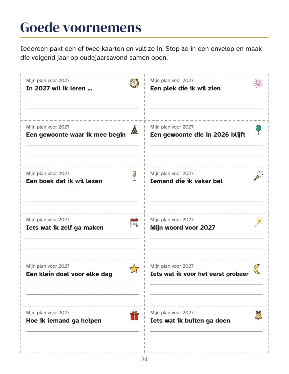 Goede voornemens: 12 kaarten om in te vullen voor 2027: pagina 24 van Oudejaarsspellen: bingo met 30 kaarten, quiz, goede voornemens voor 2027 en aftellen naar middernacht