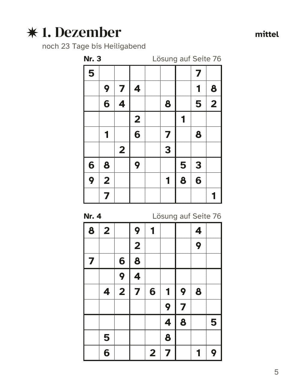 1. Dezember, mittel: Nr. 3 und 4: Seite 5 aus Sudoku-Adventskalender 2026: 144 Rätsel im Großdruck, 6 pro Tag