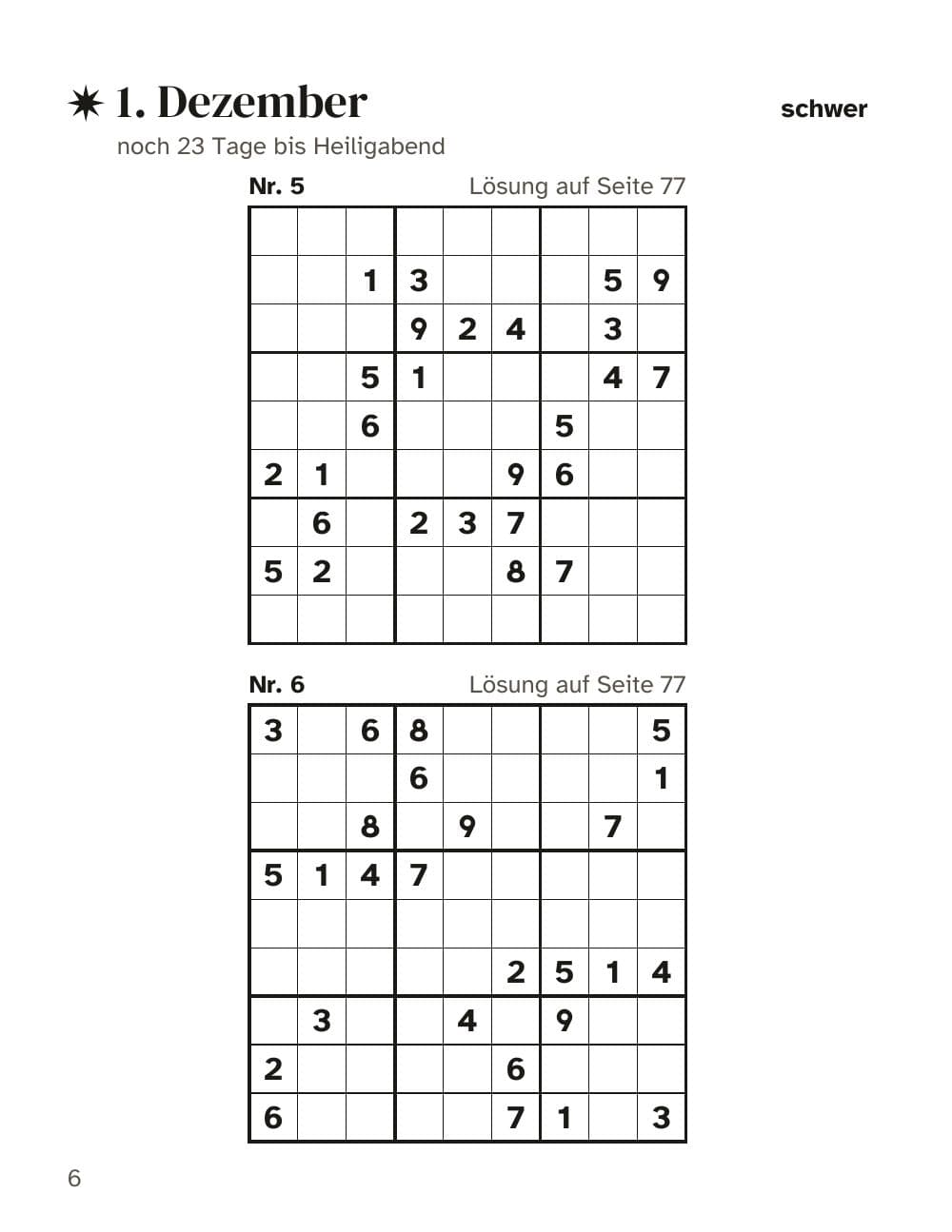 1. Dezember, schwer: Nr. 5 und 6: Seite 6 aus Sudoku-Adventskalender 2026: 144 Rätsel im Großdruck, 6 pro Tag