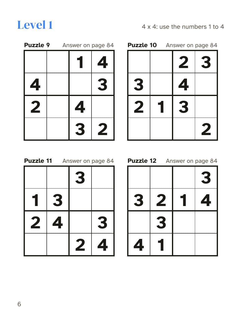 Stufe 1: Rätsel 9 bis 12: Seite 6 aus Sudoku für Kinder von 6 bis 8 Jahren: 200 leichte Rätsel in 4x4 und 6x6 (auf Englisch)