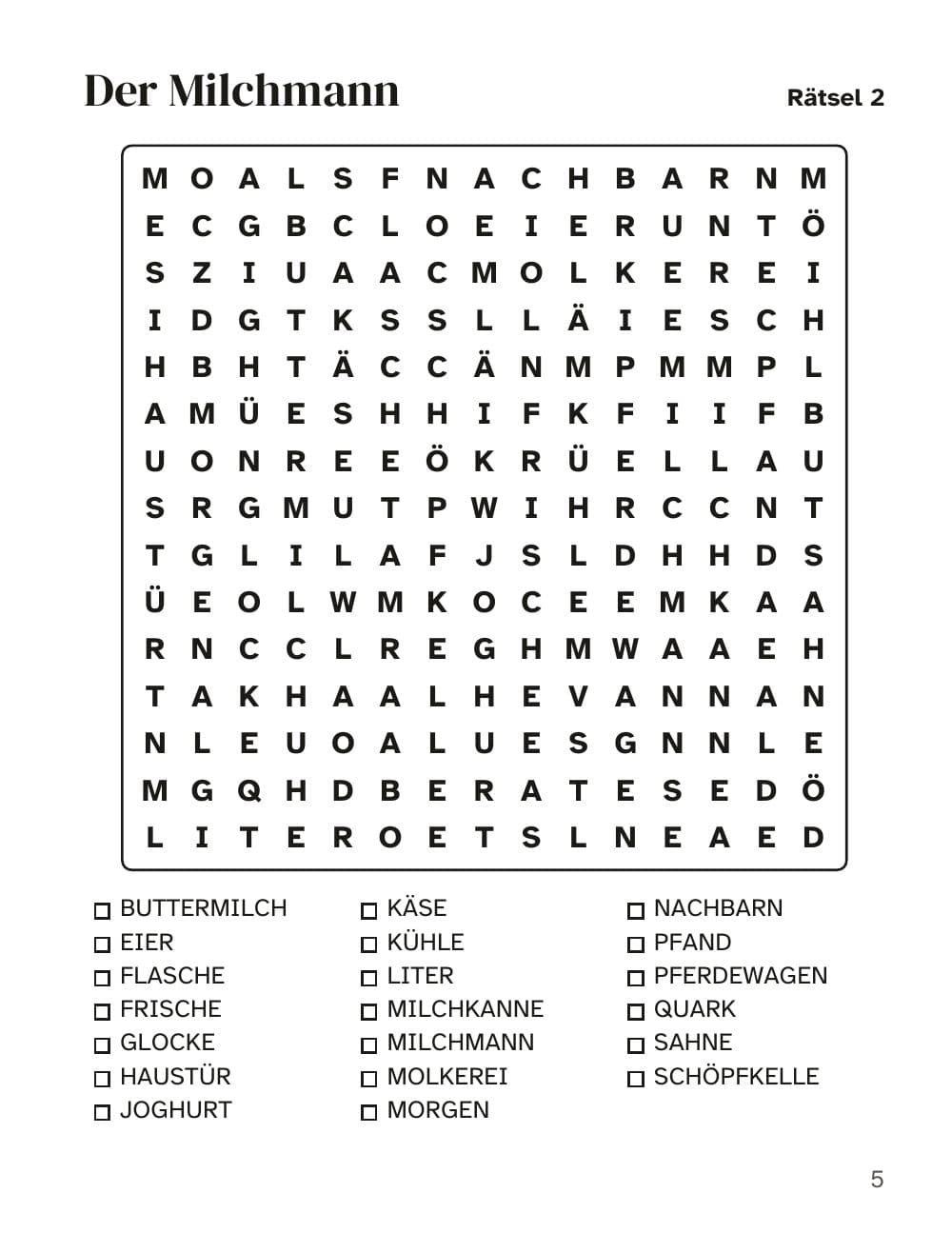 Grille 2 : Der Milchmann (le laitier) : page 5 de Mots mêlés « Le bon vieux temps » pour seniors : 100 grilles en gros caractères sur les années 50 à 70 (en allemand)