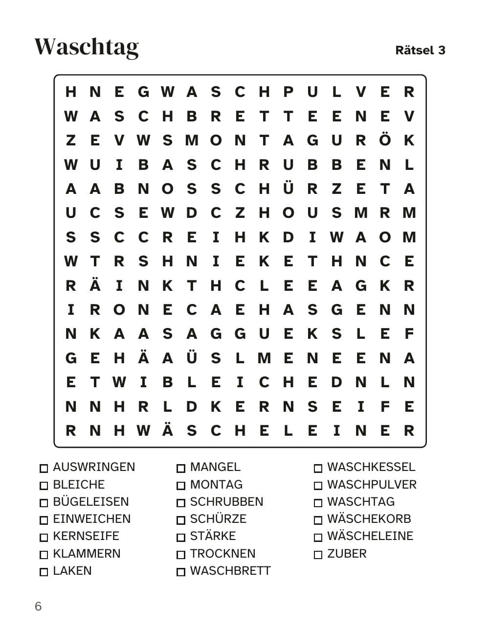 Grille 3 : Waschtag (le jour de lessive) : page 6 de Mots mêlés « Le bon vieux temps » pour seniors : 100 grilles en gros caractères sur les années 50 à 70 (en allemand)
