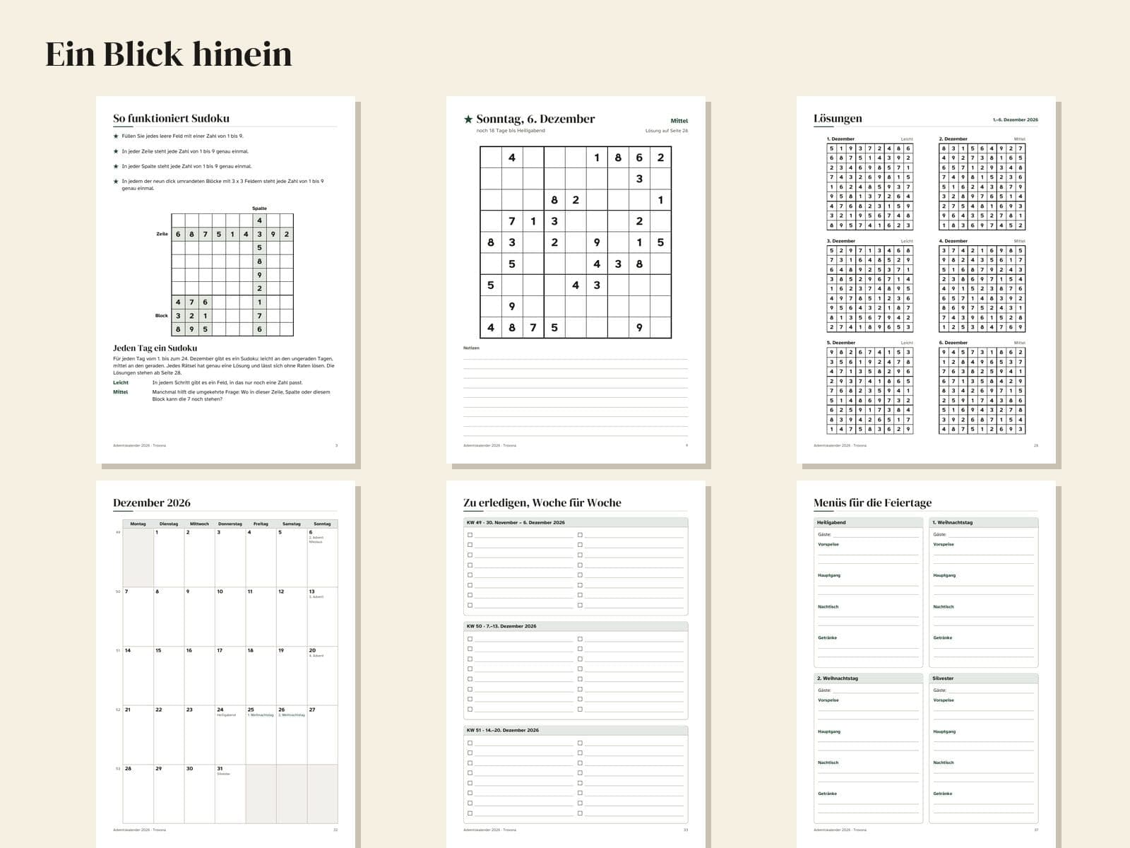 Seiten aus der PDF-Datei: Adventskalender zum Ausdrucken 2026: 24 Sudoku bis Heiligabend und Dezember-Plan