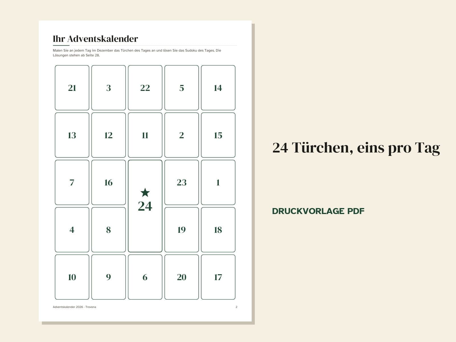 Eine Seite aus der PDF-Datei: Adventskalender zum Ausdrucken 2026: 24 Sudoku bis Heiligabend und Dezember-Plan