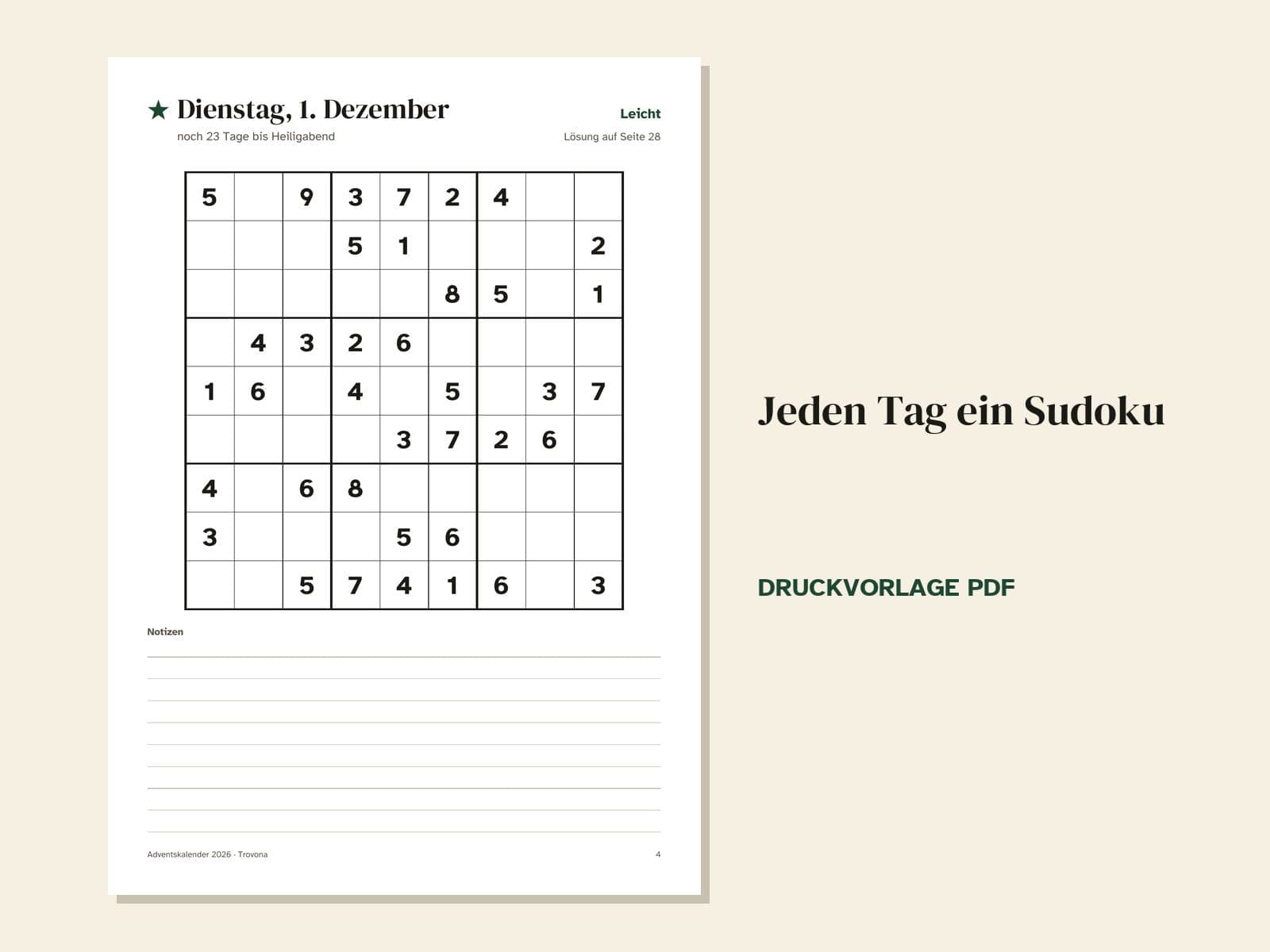Eine Seite aus der PDF-Datei: Adventskalender zum Ausdrucken 2026: 24 Sudoku bis Heiligabend und Dezember-Plan