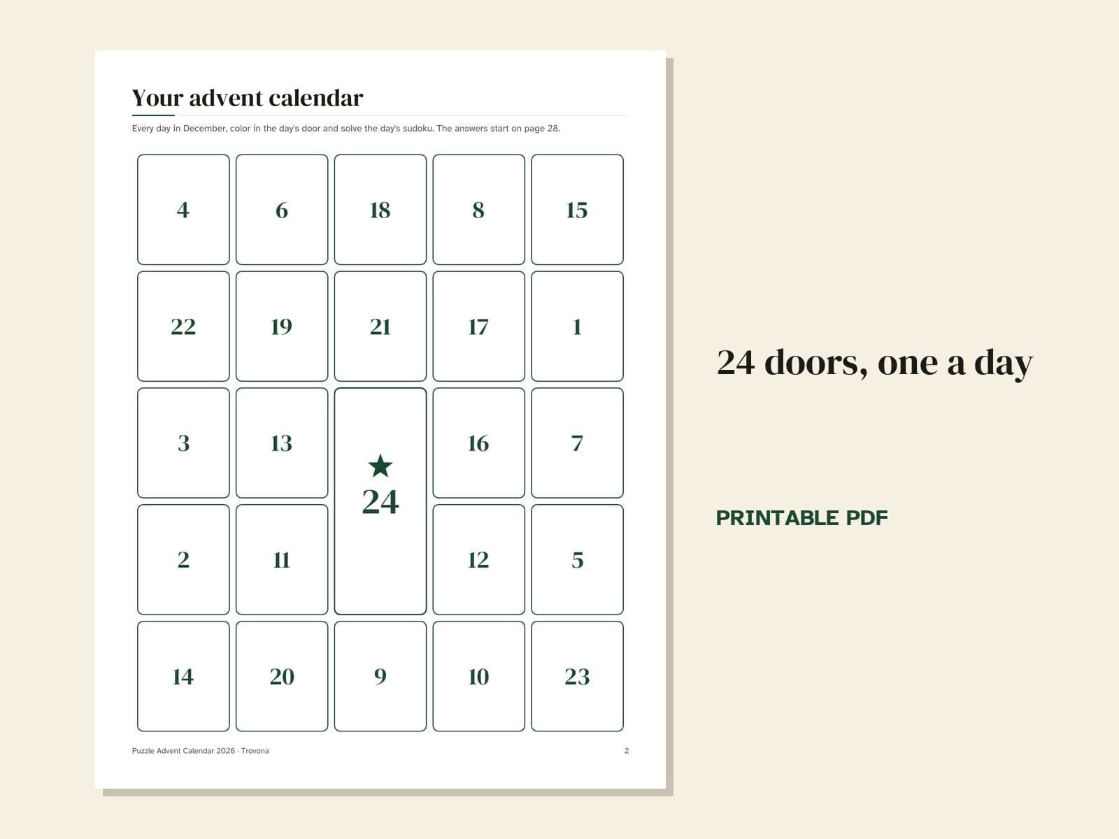 Eine Seite aus der PDF-Datei: die Kalenderseite, 24 Türchen, eines pro Tag