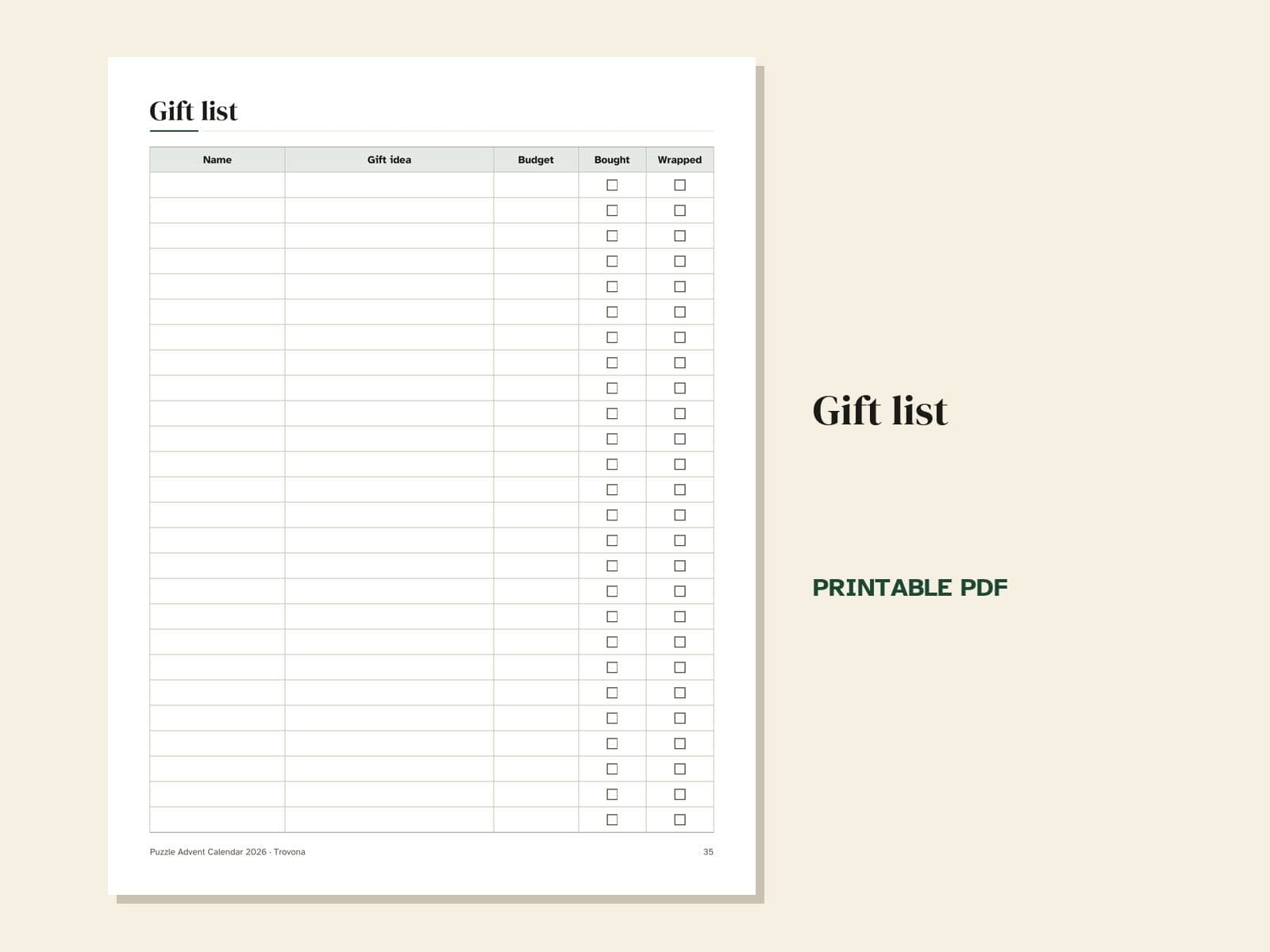 Eine Seite aus der PDF-Datei: die Geschenkeliste