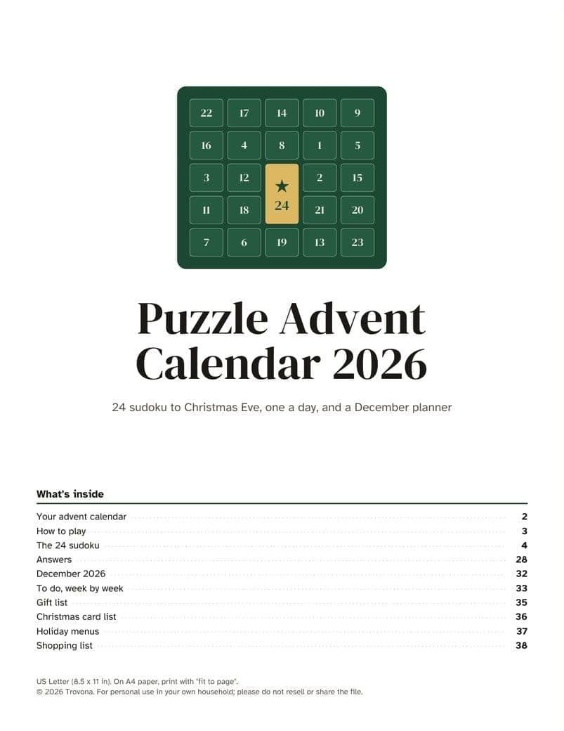 Titelseite der PDF-Datei: Puzzle Advent Calendar 2026 and December planner