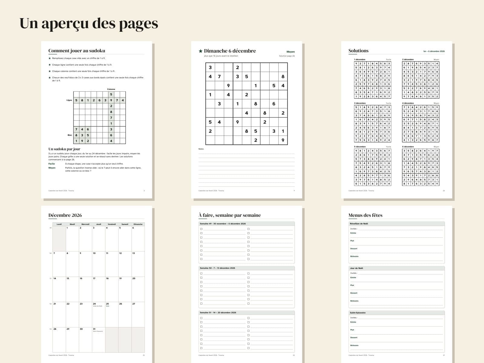 Seiten aus der PDF-Datei: Adventskalender auf Französisch zum Ausdrucken 2026: 24 Sudoku bis Heiligabend und Dezember-Plan