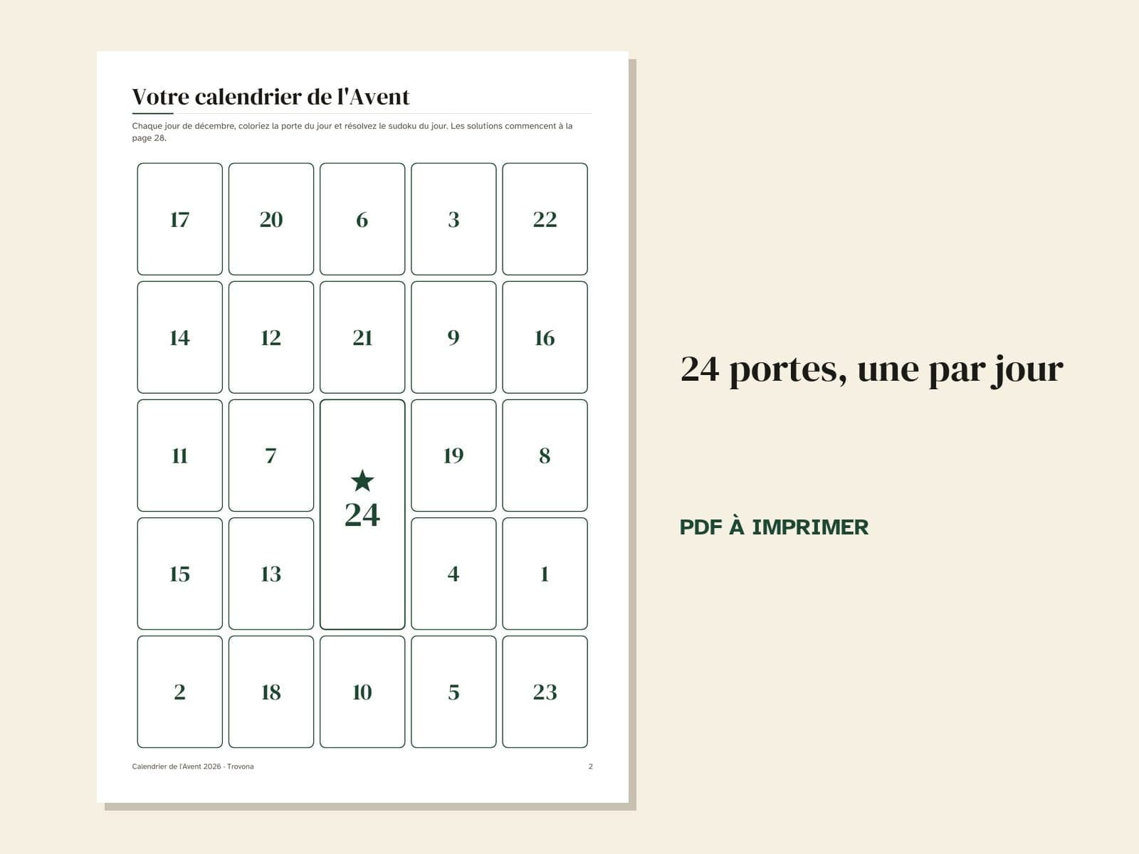 Eine Seite aus der PDF-Datei: Adventskalender auf Französisch zum Ausdrucken 2026: 24 Sudoku bis Heiligabend und Dezember-Plan