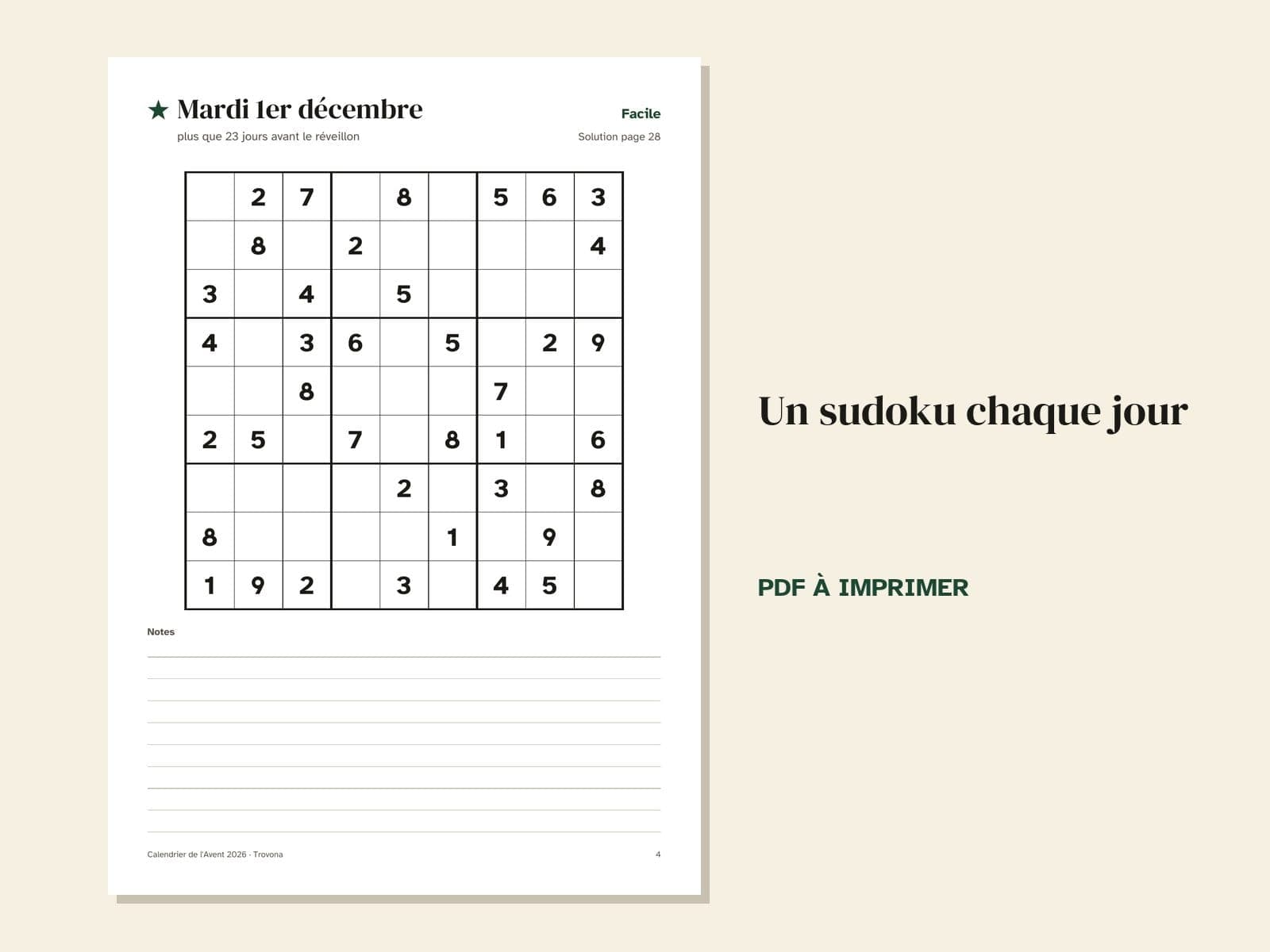 Eine Seite aus der PDF-Datei: Adventskalender auf Französisch zum Ausdrucken 2026: 24 Sudoku bis Heiligabend und Dezember-Plan