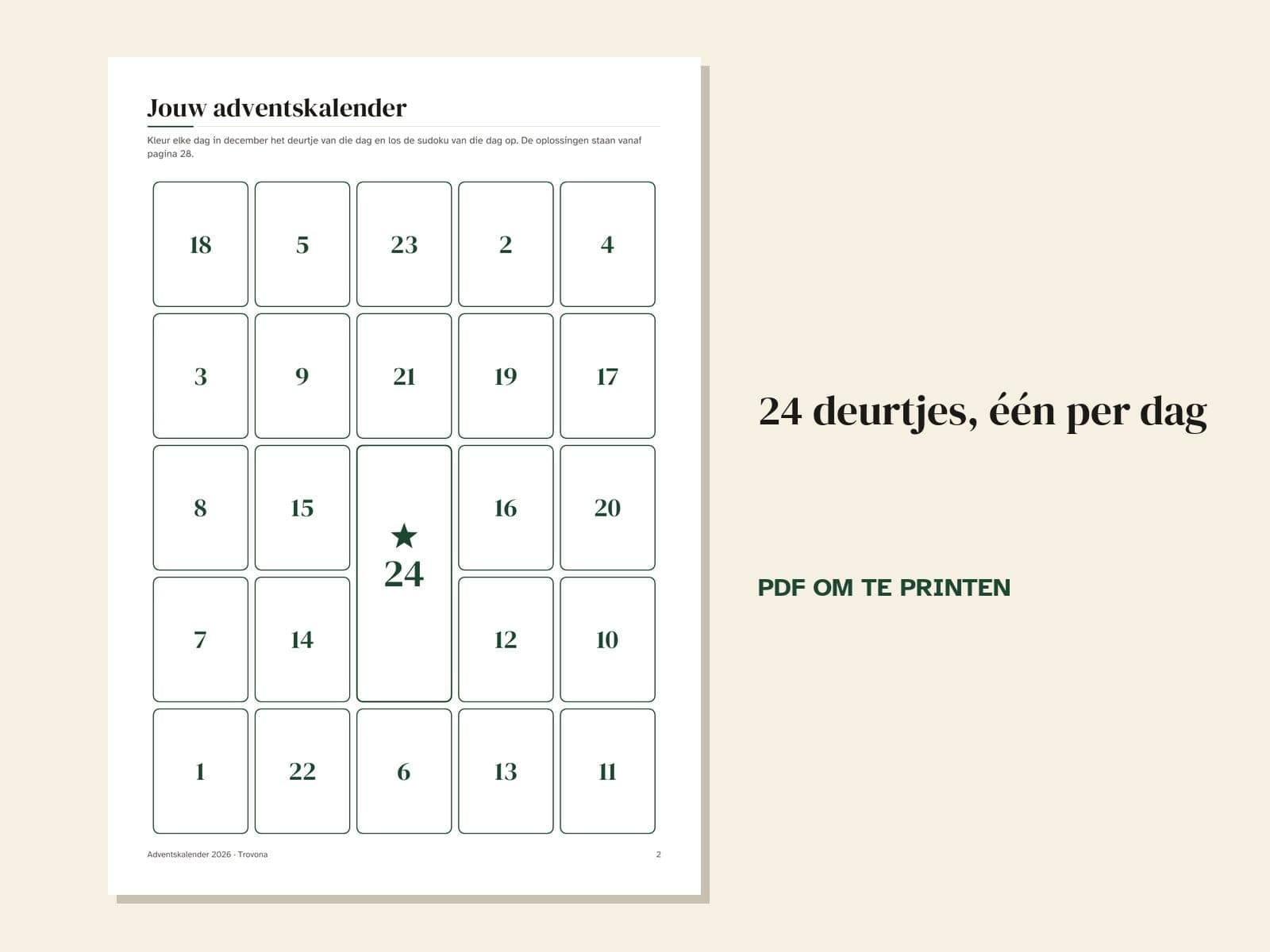 Eine Seite aus der PDF-Datei: die Kalenderseite, 24 Türchen, eines pro Tag