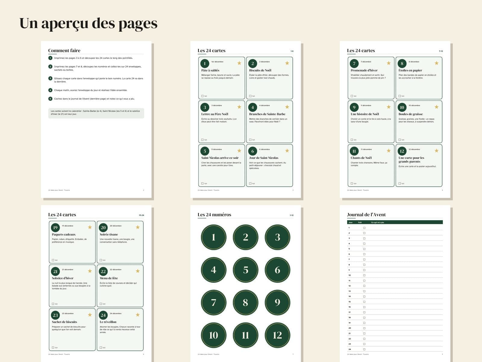 Seiten aus der PDF-Datei: Adventskalender auf Französisch zum Ausdrucken 2026: 24 Ideenkarten und Zahlen