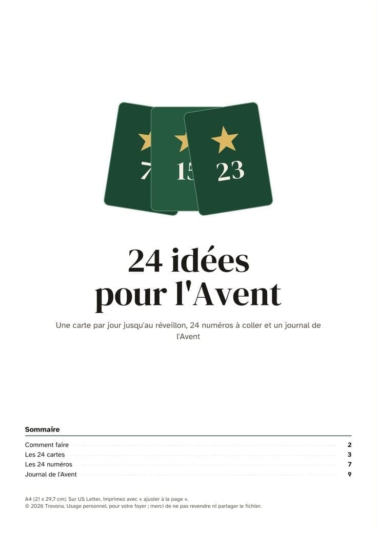 Titelseite der PDF-Datei: Adventskalender auf Französisch zum Ausdrucken 2026: 24 Ideenkarten und Zahlen