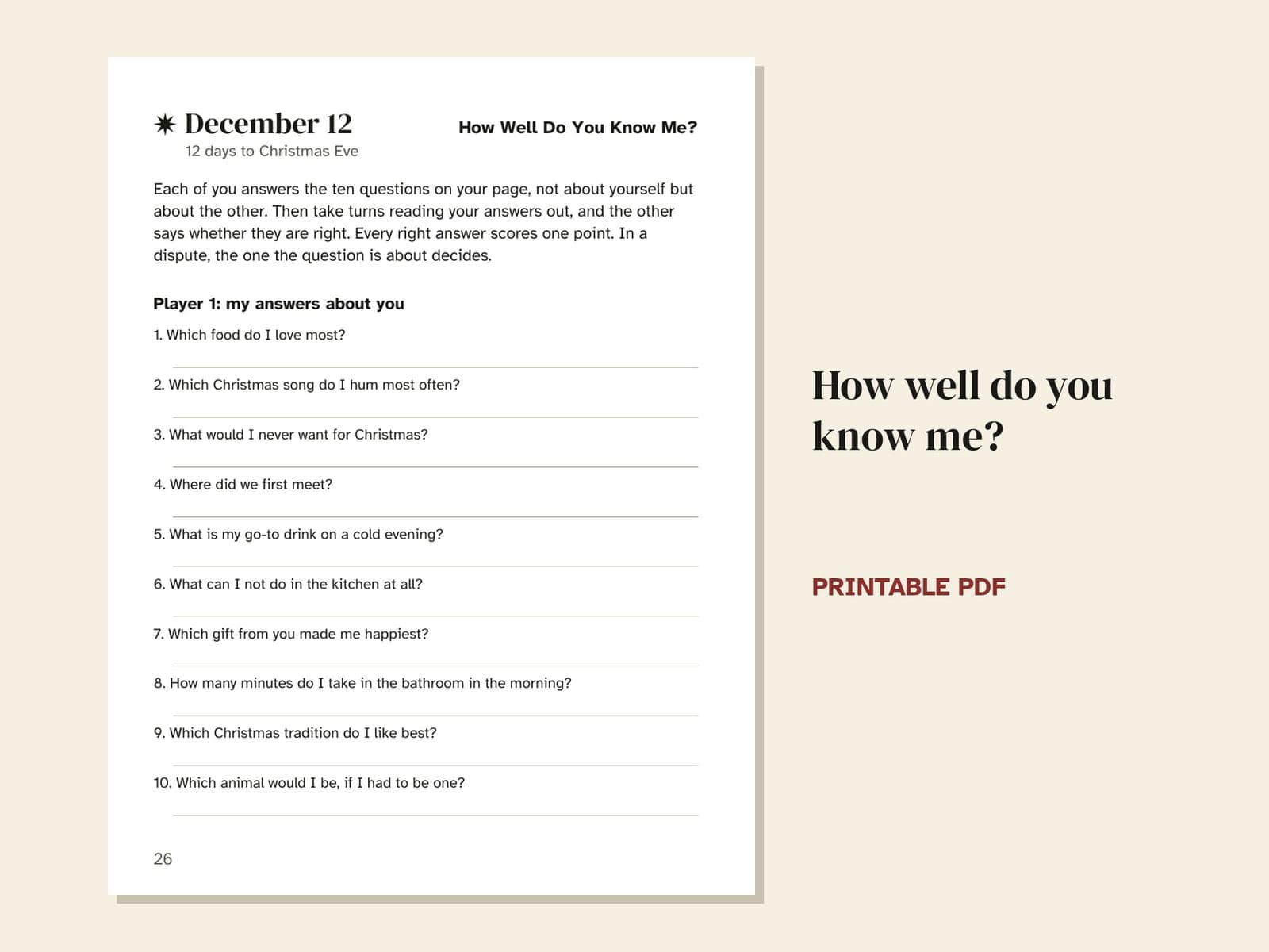 Eine Seite aus dem Heft: das Duell vom 12. Dezember, How Well Do You Know Me?