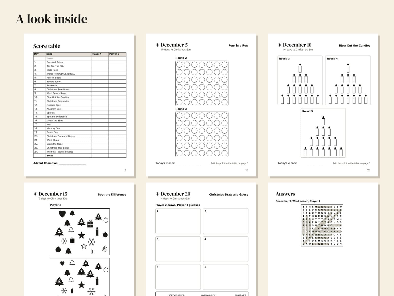 Six pages from inside the book, shown small