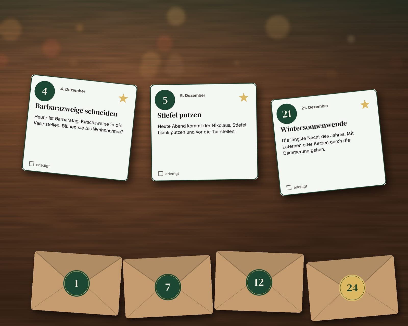 Eine Seite aus der PDF-Datei: Adventskalender zum Ausdrucken 2026: 24 Ideen-Karten und Zahlen zum Ausschneiden