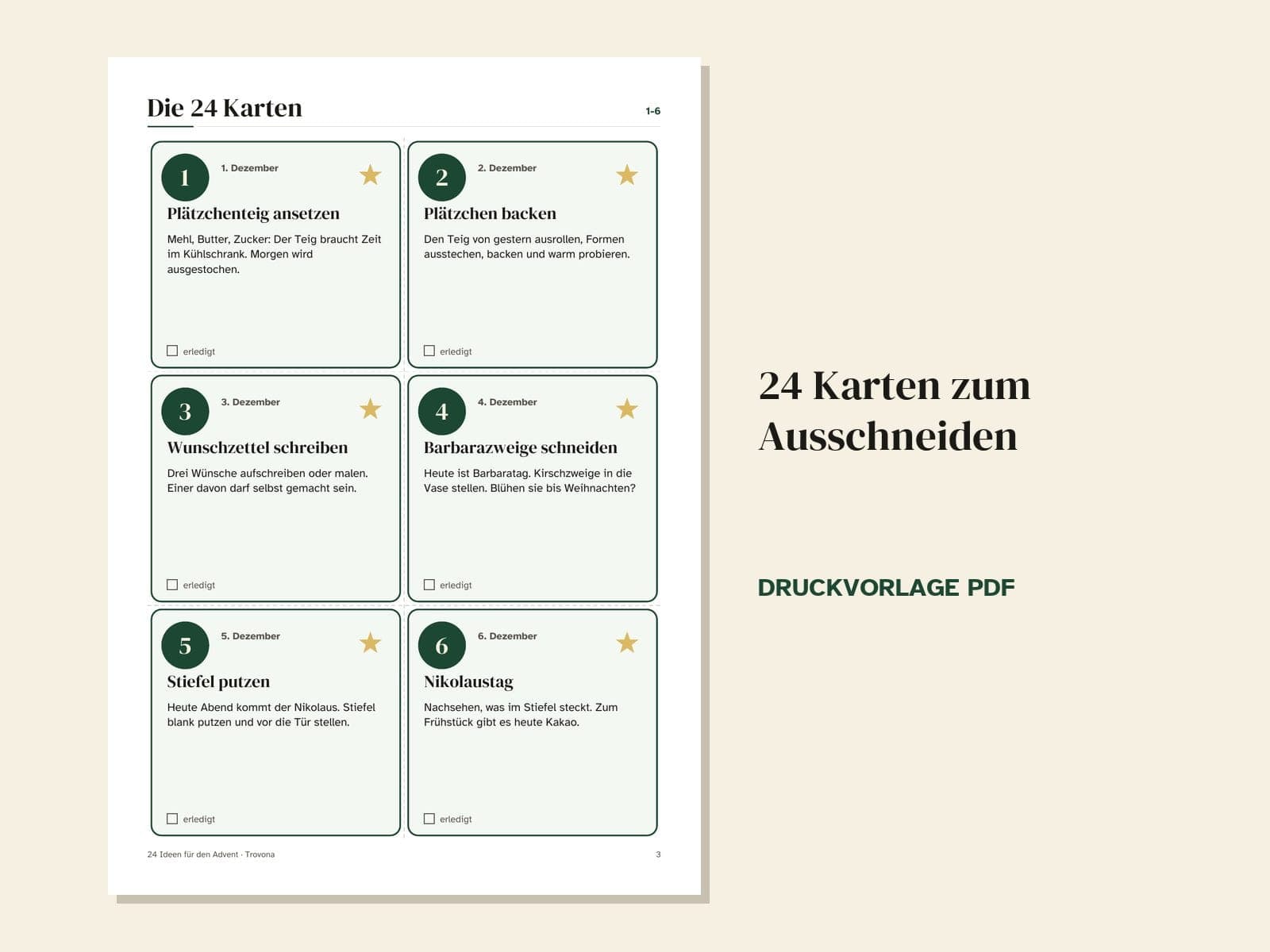 Eine Seite aus der PDF-Datei: Adventskalender zum Ausdrucken 2026: 24 Ideen-Karten und Zahlen zum Ausschneiden