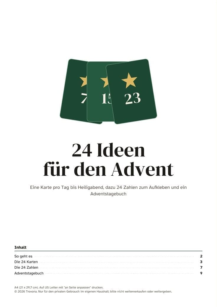 Titelseite der PDF-Datei: Adventskalender zum Ausdrucken 2026: 24 Ideen-Karten und Zahlen zum Ausschneiden