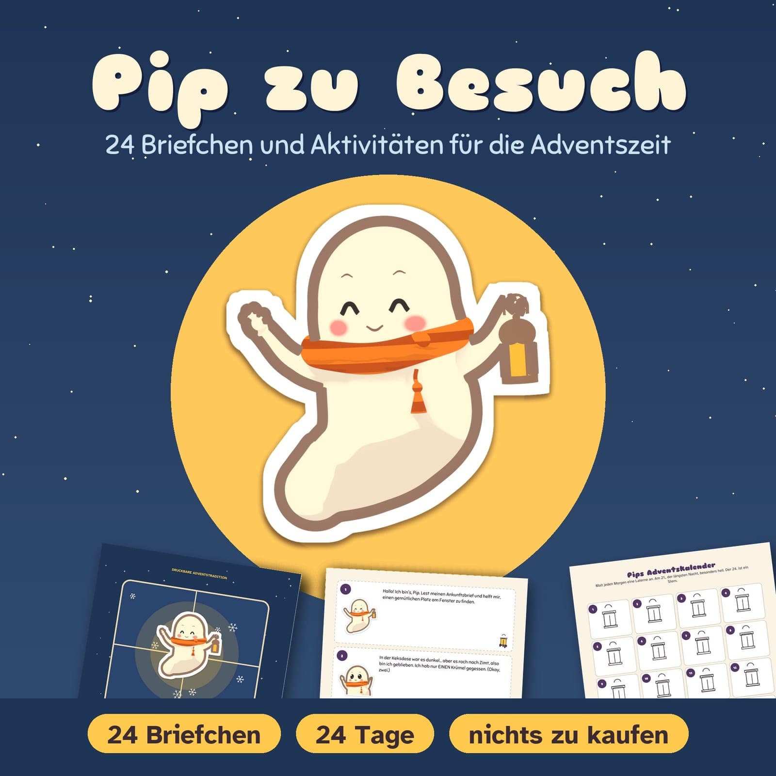 Titelseite der PDF-Datei: Pip zu Besuch: 24 Briefchen und Aktivitäten für die Adventszeit, druckbare Adventstradition für Kinder
