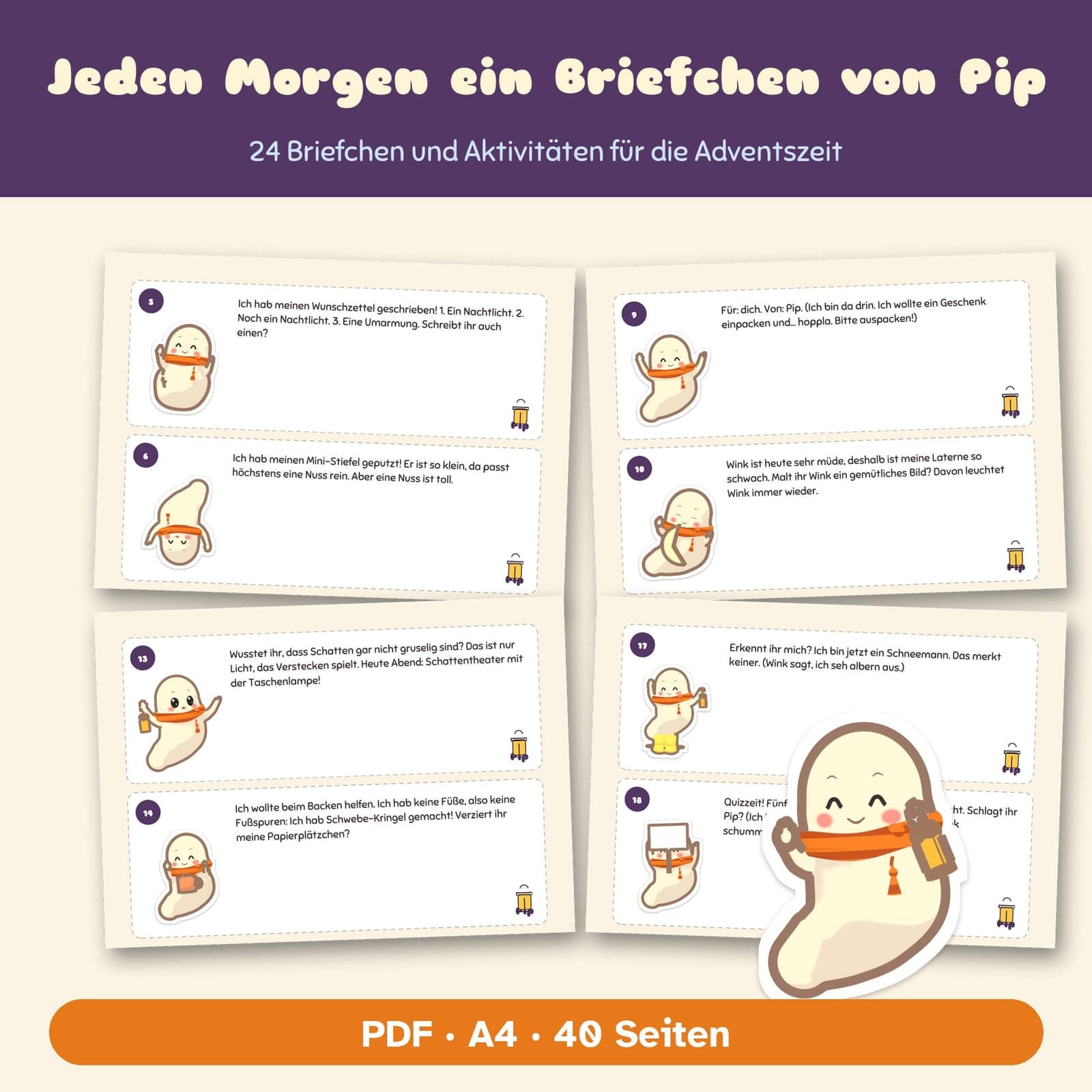 Eine Seite aus der PDF-Datei: Pip zu Besuch: 24 Briefchen und Aktivitäten für die Adventszeit, druckbare Adventstradition für Kinder
