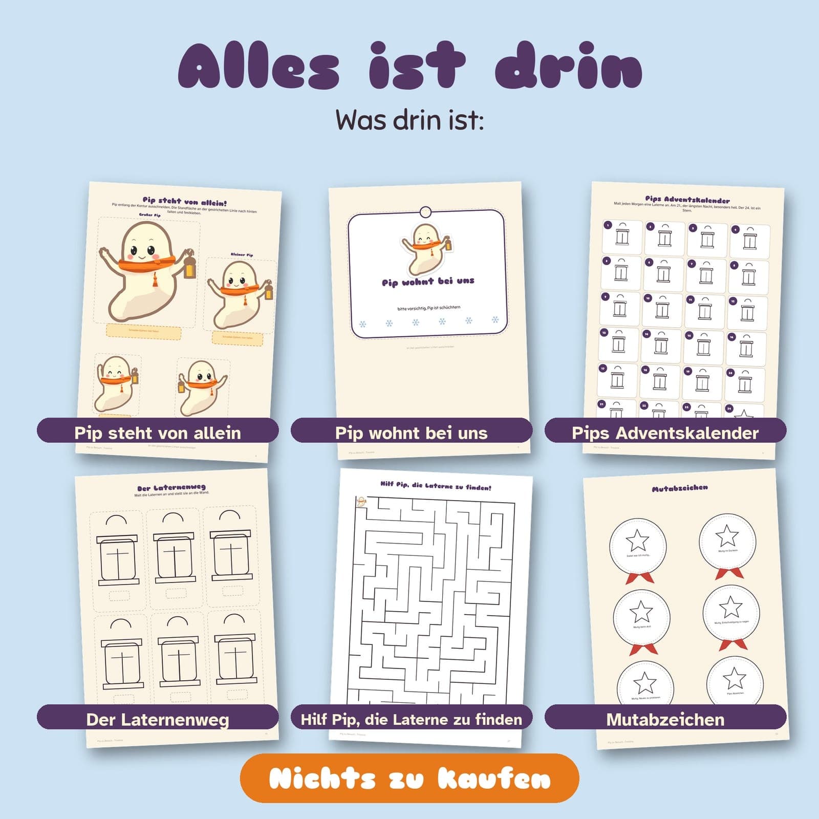 Seiten aus der PDF-Datei: Pip zu Besuch: 24 Briefchen und Aktivitäten für die Adventszeit, druckbare Adventstradition für Kinder