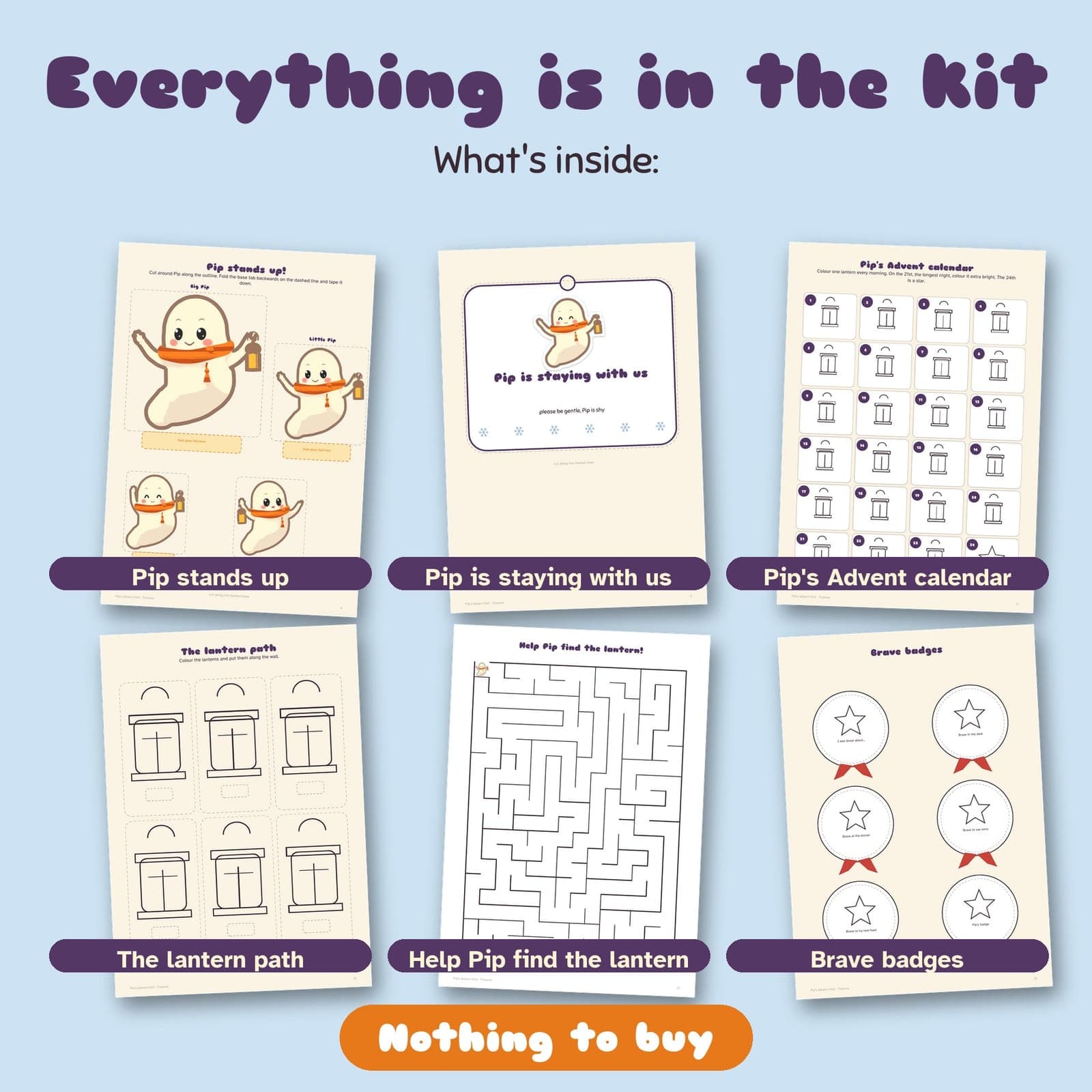 Pages from inside the PDF: Pip's Advent Visit: 24 notes and activities for the Advent season, a printable Advent tradition for kids