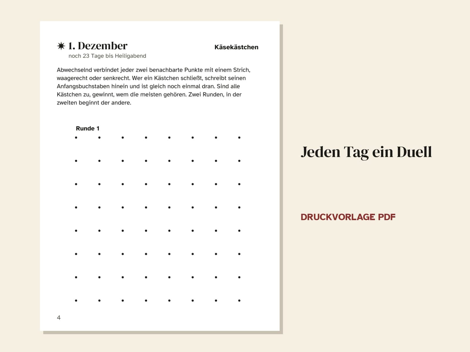 Eine Seite aus dem Heft: das Duell vom 1. Dezember, Käsekästchen