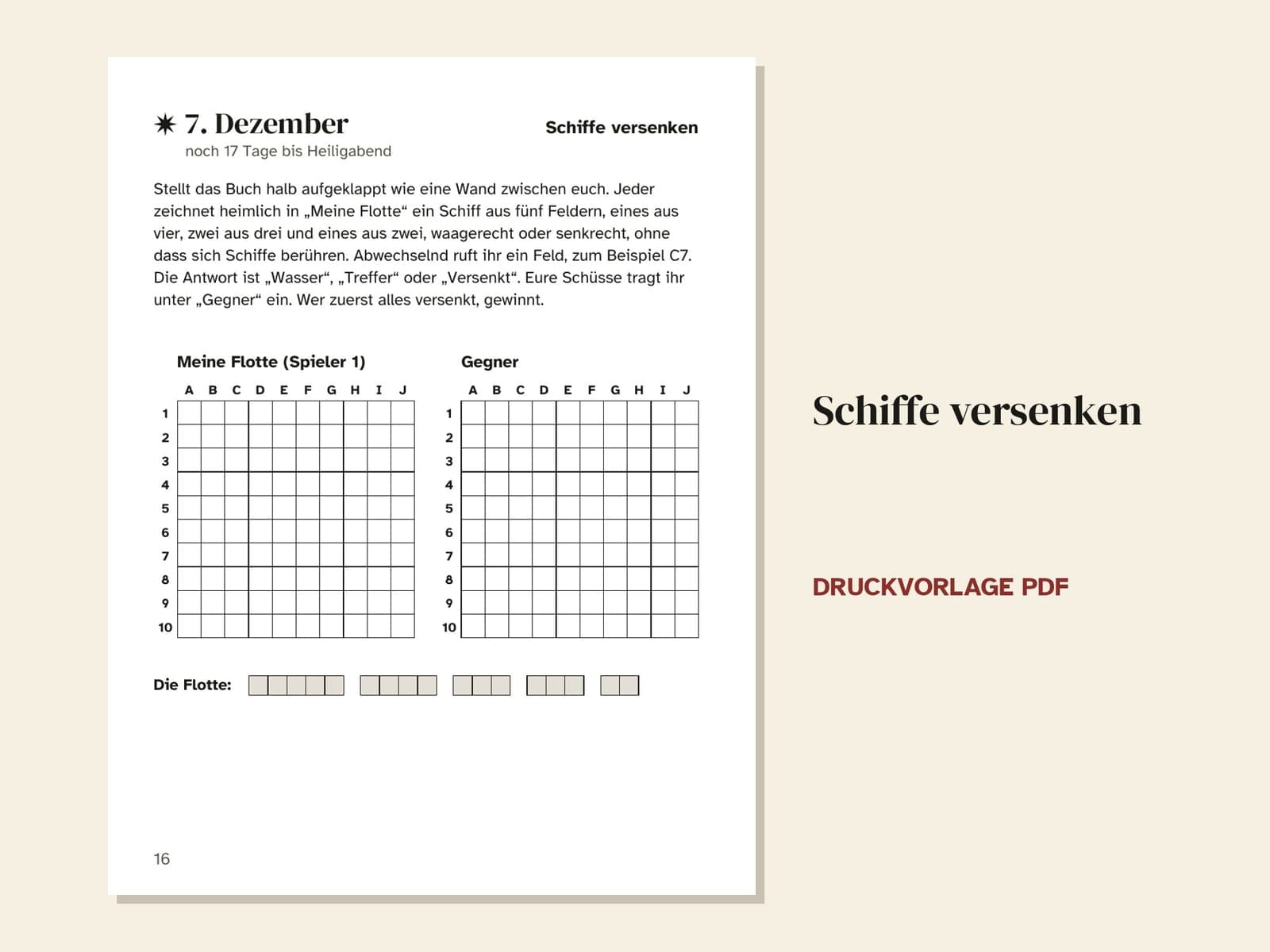 Eine Seite aus dem Heft: das Duell vom 7. Dezember, Schiffe versenken